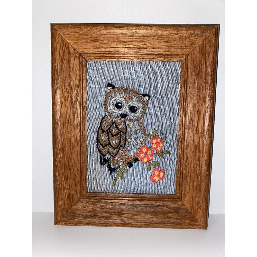 Vintage Framed Completed Hand Cross Stitched Needlepoint 5x7 Owl With Flowers